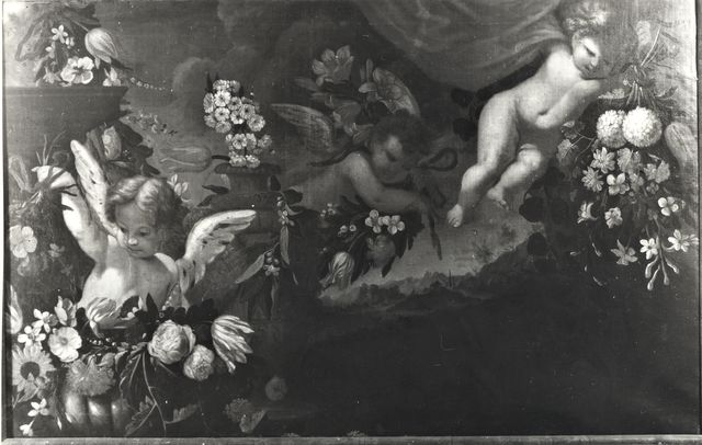 Anonimo — Autore non indicato - sec. XVII/ XVIII - Natura morta con fiori e putti in un paesaggio — insieme